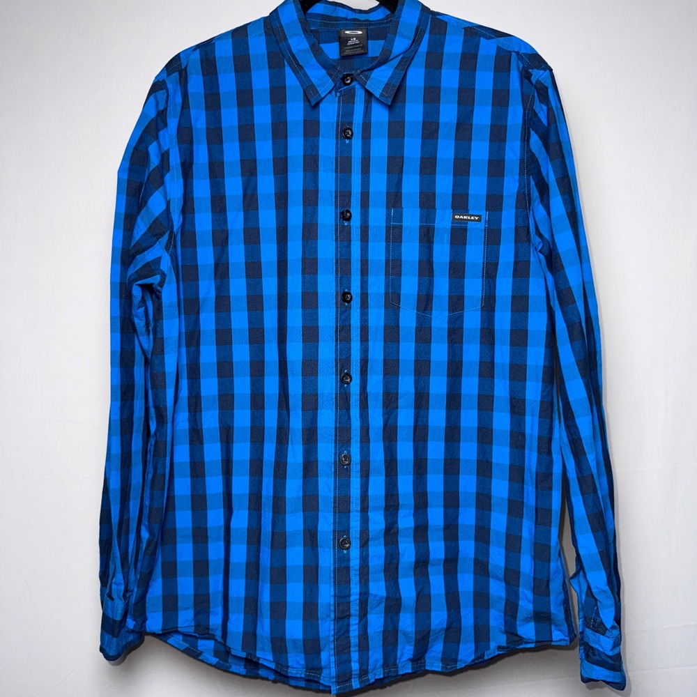 Oakley‎ Mens Blue Navy Buffalo Checkered Plaid Long Sleeve Button Down Shirt L
